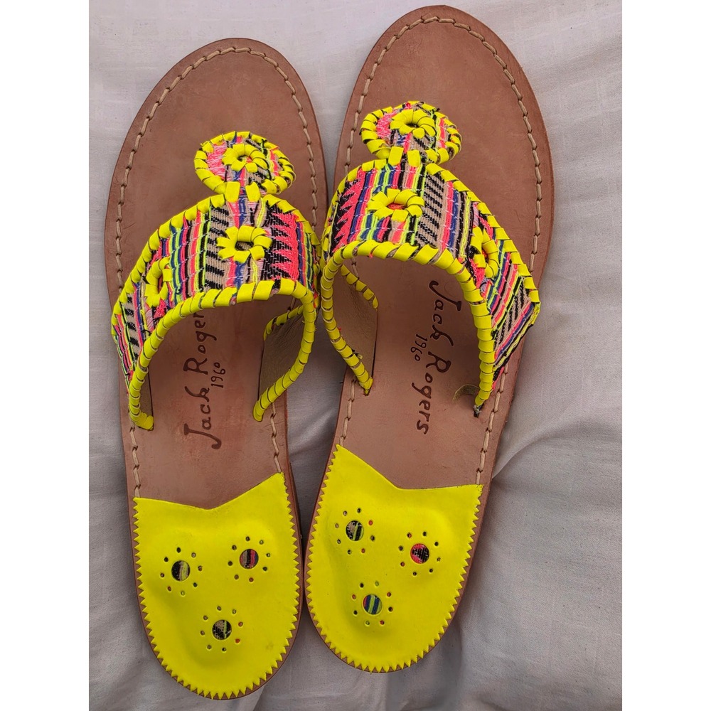 Jack Rogers Navajo Neon Yellow Multi Woven Whipstitch Sandals Womens 10M